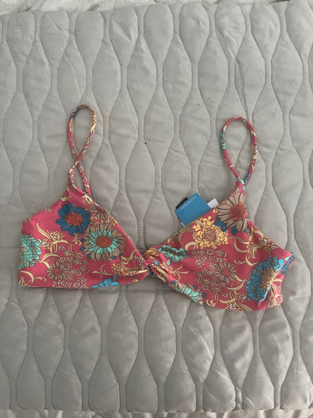 O'Neill Pink Floral Knot-Front Bralette with Teal Accents